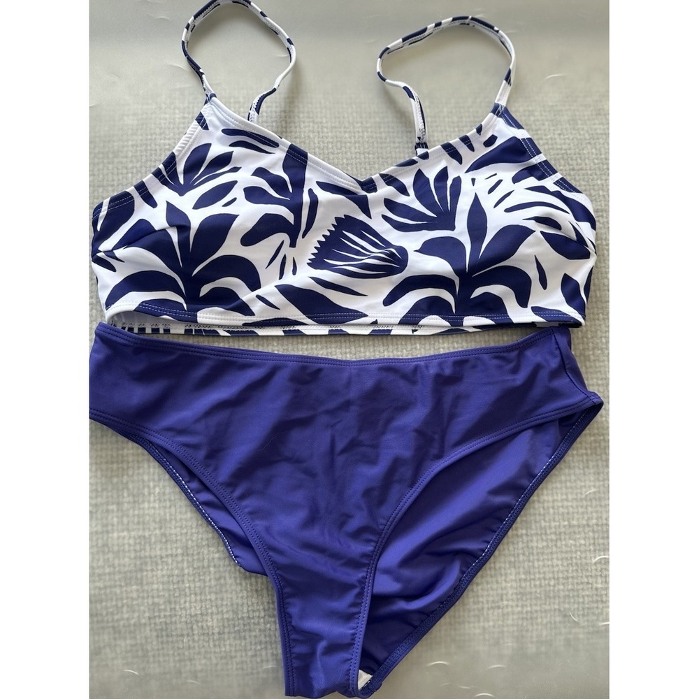 Women's L Regular 2-Piece Bikini Blue/White Floral Bralette Top Bikini Bottom